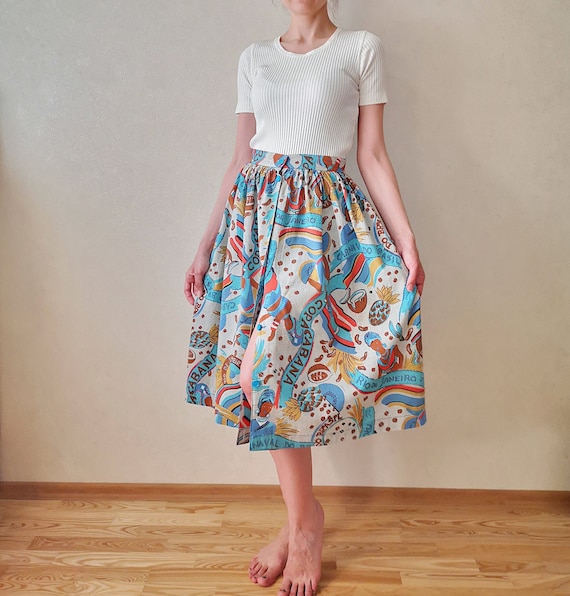 80s Tropical Print Skirt, High Waist Midi Skirt, B
