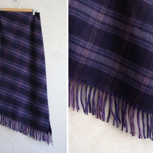 Plaid Wool Fringe Skirt, Asymmetrical High Waist Pencil Skirt, Woolen Blanket Skirt, Vintage Preppy Long Purple Plaid Skirt Size S