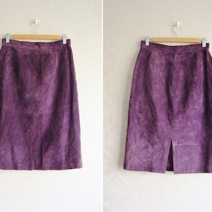 Lila Wildleder Midi Rock, Vintage High Waist Pencil Rock, Moderner Lederrock, Knielanges Leder, MinimalEr Herbstrock Gr. 38, UK 10
