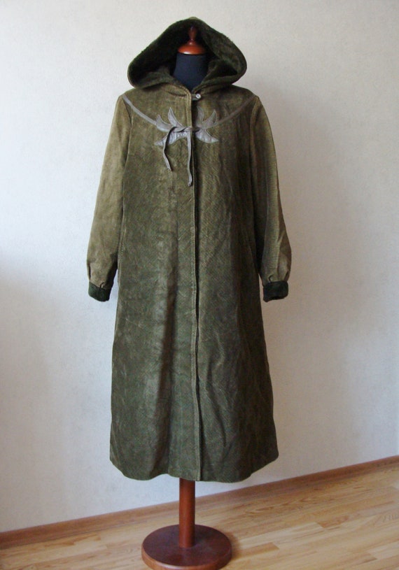 80s Long Green Corduroy Coat, Hooded Duster Coat … - image 9