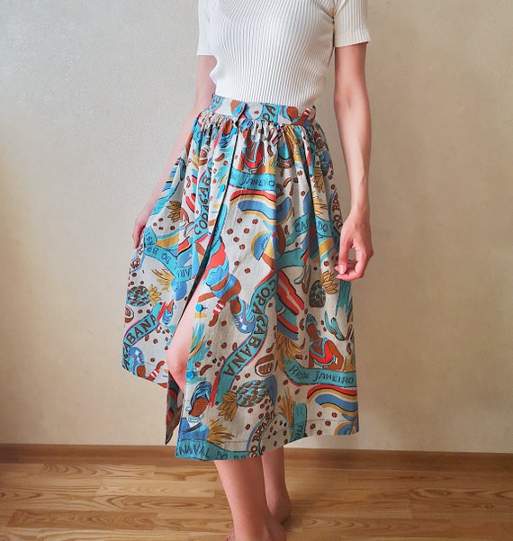 80s Tropical Print Skirt, High Waist Midi Skirt, … - image 8