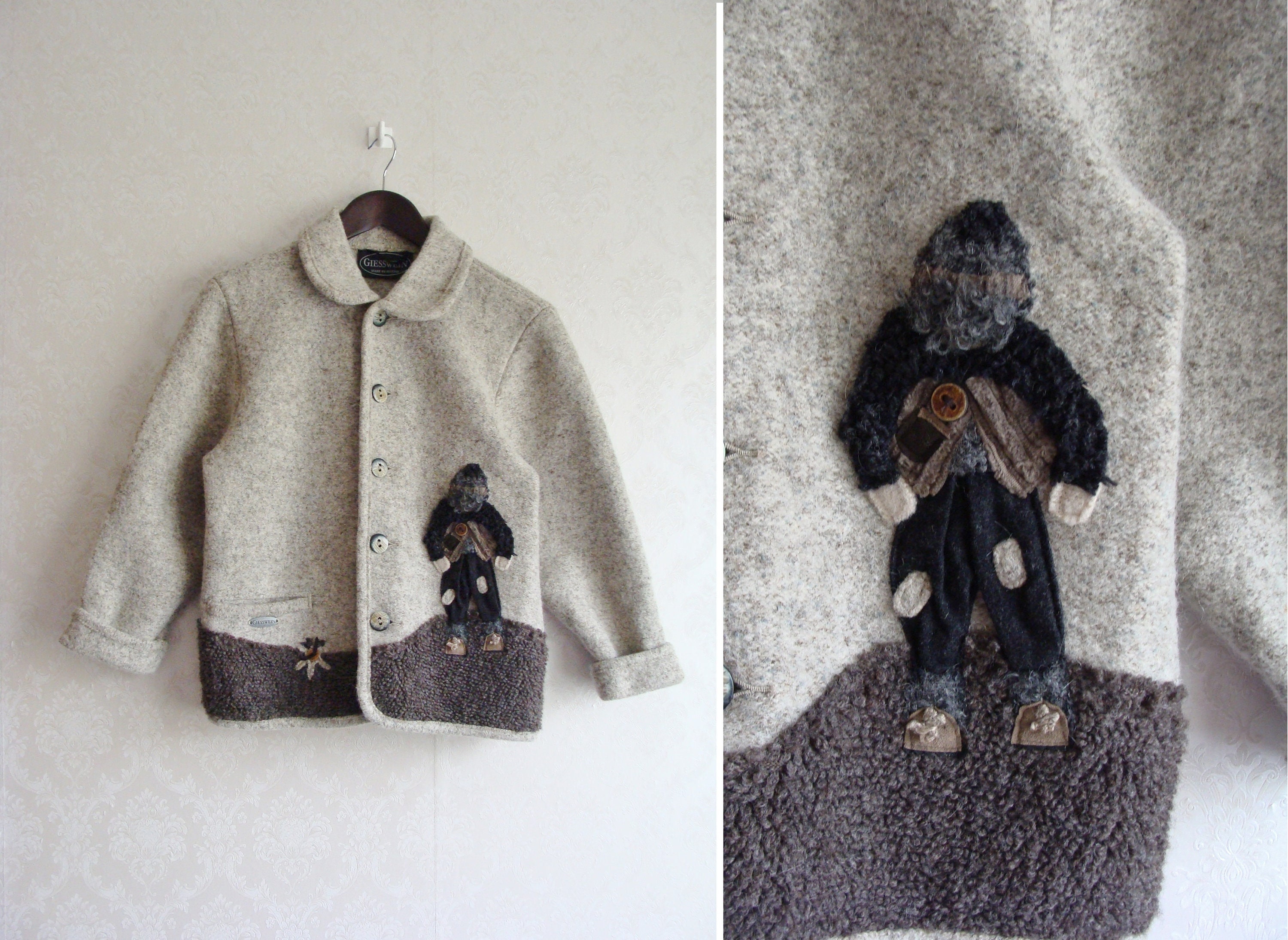 Boy s Boiled Wool Jacket Austrian Thick Wool Coat GIESSWEIN Embroidered Wool Cardigan Sweater Folk Tyrolean Dirndl Vintage Scenic Cardigan