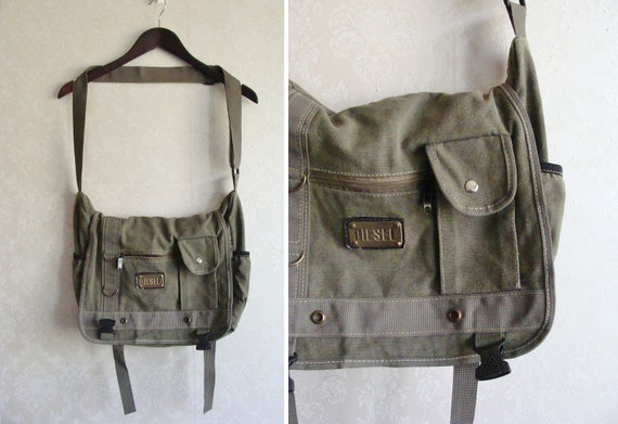 Vintage DIESEL Canvas Messenger Bag, Khaki Green Cotton School