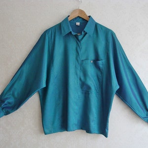 90s Teal Green Blouse, Vintage Button Up Shirt, Chameleon Button Up, Long Dolman Sleeve Top, Vintage Batwing Oversized Shirt with Pocket