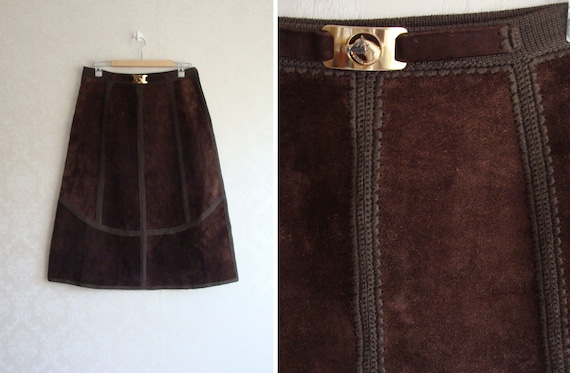 70s Patchwork Leather Skirt, Vintage Crochet Stitc