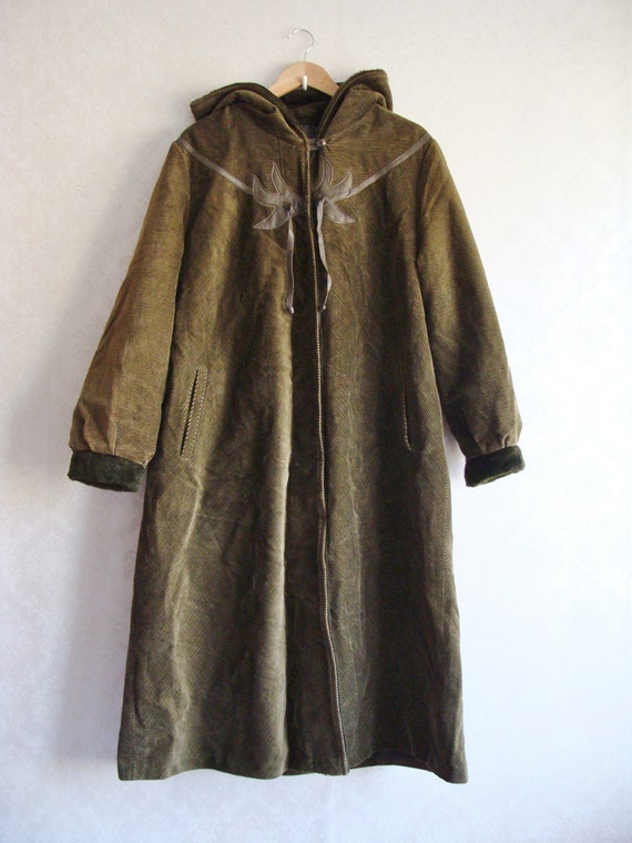 80s Long Green Corduroy Coat, Hooded Duster Coat … - image 2