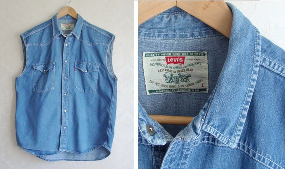 Vintage Faded Levis Cut off Shirt Blue Denim Boyfriend Shirt Sleeveless Jean Shirt Tomboy Pocket Denim Collar Button up Mens L Etsy Canada