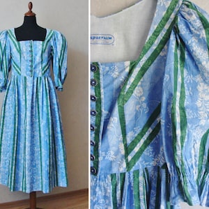 Austrian Dirndl Dress, Floral Prairie Dress, 90s Blue White Cotton Puffy Sleeve Dress, Vintage Laura Ashley Inspired Peasant Dress Small