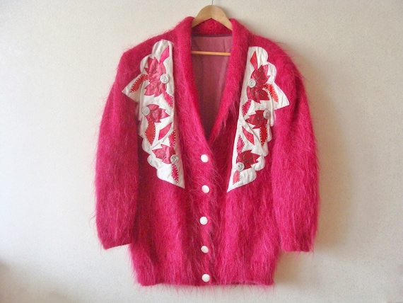 90s Pink Mohair Sweater Cardigan, Oversized Fuzzy… - image 1