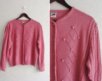 Pink Austrian Knit Cardigan, Vintage Trachten Folk Cardigan, Pink Pom Pom Cardigan, Bubble and Cable Knit Austrian Dirndl Wool Jacket Size M