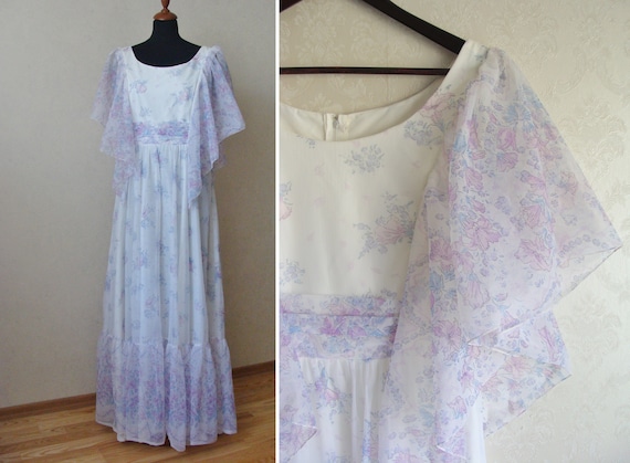 80s Long White Prairie Dress Lavender Flower Maxi… - image 1