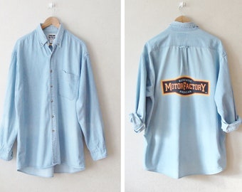 Printed Motor Factory Jean Button Up, Oversized Denim Shirt, Vintage Unisex Light Wash Denim Boyfriend Shirt Men’s LARGE
