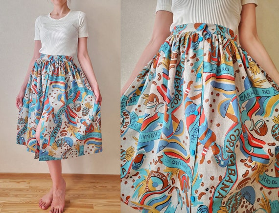 80s Tropical Print Skirt, High Waist Midi Skirt, … - image 2