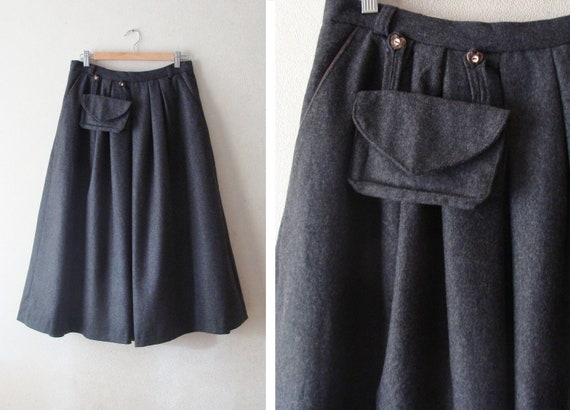 80s Dark Grey Wool Skirt with Pockets, Long Wool W