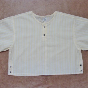 Oversized Boxy Cotton Top, Striped Crop Top, Minimal White Yellow Button Up Tee, Boxy Short Sleeve Boho Tee