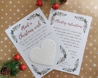 Plantable seed paper Christmas wish card, wildflower seed paper heart, garden lovers gift, plant grower gift, eco Christmas card alternative