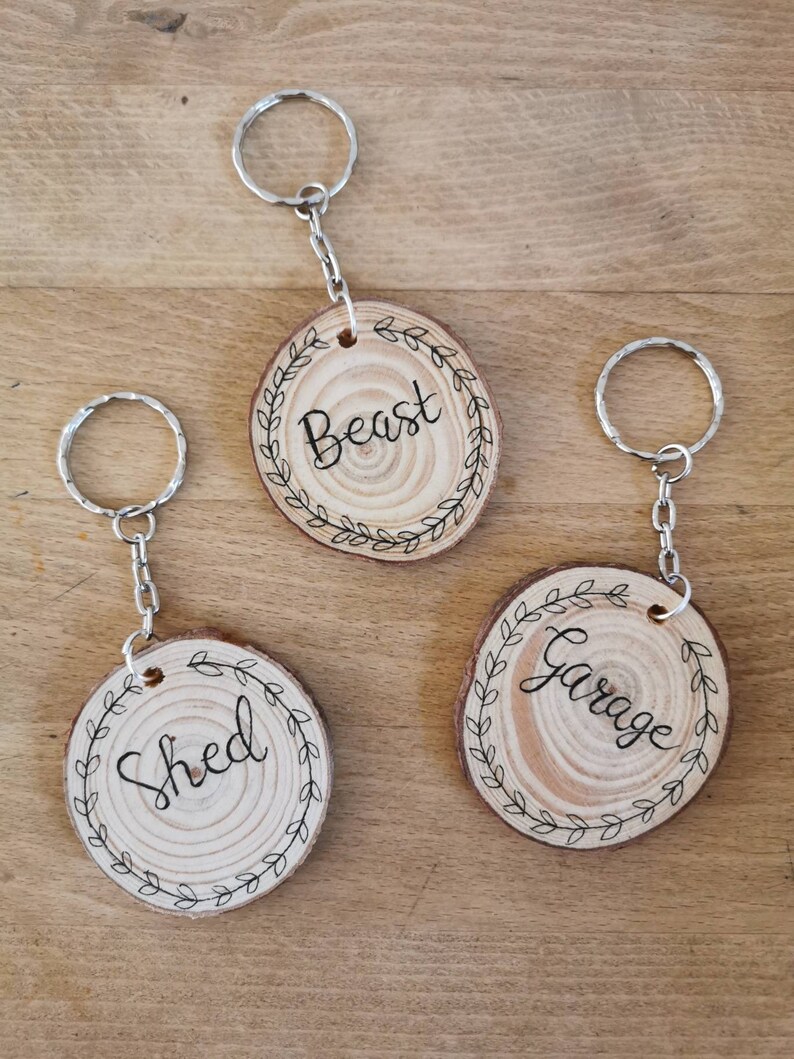 Personalised wood slice keyrings, log round keyring, calligraphy keyrings, shed garage outbuilding key chain, new home, house warming gift image 7