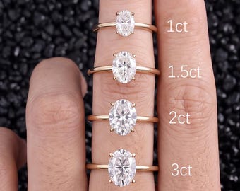 May include: Four gold rings with oval-cut clear stones arranged vertically on a finger. The rings are labeled with text indicating sizes of 1ct, 1.5ct, 2ct, and 3ct, showing the relative scale of the stones from smallest to largest.