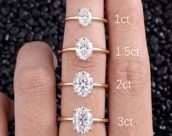 May include: Four gold rings with oval-cut clear stones arranged vertically on a finger. The rings are labeled with text indicating sizes of 1ct, 1.5ct, 2ct, and 3ct, showing the relative scale of the stones from smallest to largest.