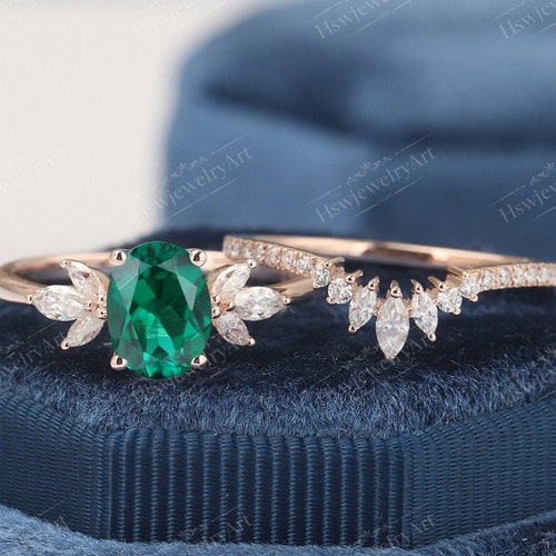 Emerald Engagement Ring Sets Unique Rose Gold Ring Oval Shape - Etsy