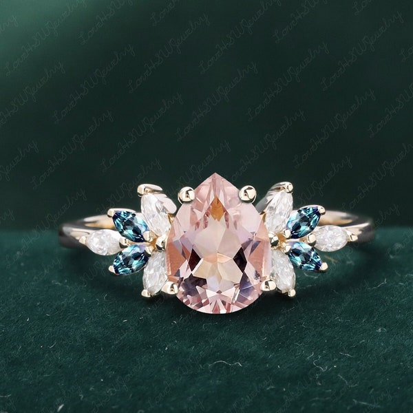 Vintage Morganite engagement ring women Rose Gold Unique Pear shaped Cluster ring moonstone wedding ring Bridal anniversary ring