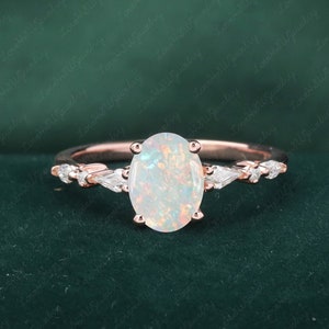 Vintage Natural Opal Wedding Ring Oval Cut Engagement Ring  Unique Rose Gold Cluster Marquise Cut Opal Ring Promise Ring Anniversary