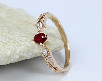 Solitaire Ruby Ring / Natural Ruby Diamond Simple Ring /Solid 14K Rose Gold Engagement Ring / Anniversary Ring /Promise Ring For Her