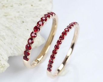 Anillo de bodas con rubí natural pavé para mujer, oro rosa de 14 k, oro amarillo y oro blanco, alianza nupcial de aniversario de 2,1 mm/1,6 mm.