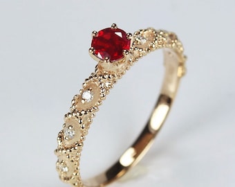 Vintage Solitaire Ruby 14K Rose Gold Engagement Ring Natural Diamond Ring Woman Gemstone Antique Ring Unique Anniversary Bridal Ring