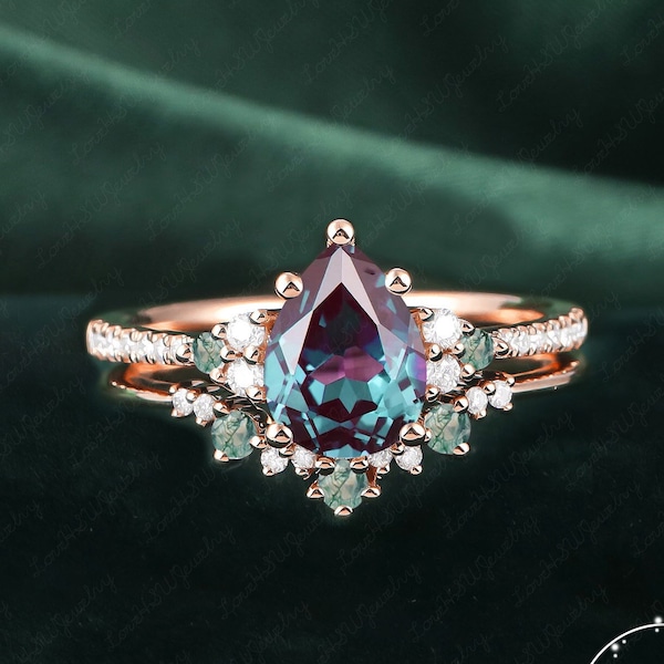 Vintage Pear Alexandrite engagement ring Bridal Sets women Rose Gold Unique Gemstone Promise ring Cluster ring anniversary ring jewelry Gift