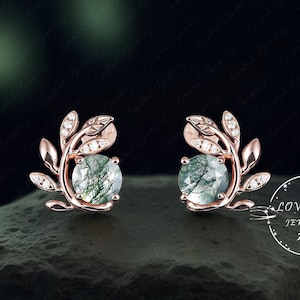 Vintage Natural moss agate wedding stud earrings women rose gold nature inspired Leaf Anniversary diamond earrings Jewelry gift for her