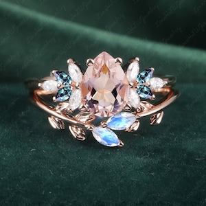 Vintage Morganite engagement ring set women Rose Gold Unique Pear shaped Cluster ring moonstone wedding ring Bridal anniversary ring