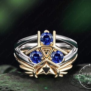 2PCS Zora&#39;s Sapphire Spiritual Stone Custom Ring 925 Sterling Silver Gold Plated Legend of Zelda Inspired Ring Video Game Engagement Ring