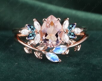 Vintage Morganite engagement ring set women Rose Gold Unique Pear shaped Cluster ring moonstone wedding ring Bridal anniversary ring