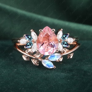 Vintage Pink Sapphire engagement ring sets  women Promise Ring 14K Rose Gold Unique Pear shaped Statement Ring Cluster ring Art Deco Ring