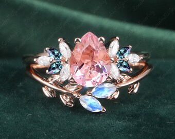 Vintage Pink Sapphire engagement ring sets  women Promise Ring 14K Rose Gold Unique Pear shaped Statement Ring Cluster ring Art Deco Ring