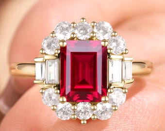 Emerald cut 3.0ct Ruby ring Solid gold Engagement ring Promise ring for her July Birthstone wedding ring for women anniversary gifts