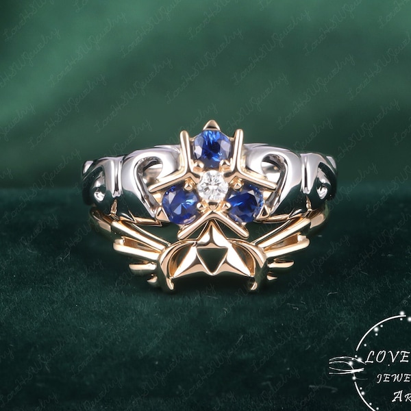 2PCS Triforce Zora's Sapphire Spiritual Stone Diamond / Moissanite  Ring 14K Gold Legend of Zelda Inspired Ring Video Game Engagement Ring