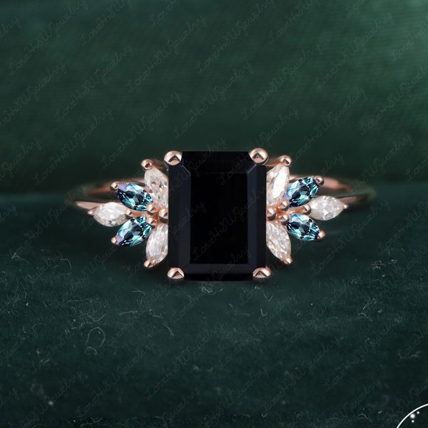 Vintage Emerald Cut Black onyx engagement ring women Rose Gold Unique Cluster ring marqiuse moonstone wedding ring Bridal anniversary