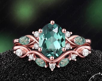 Vintage Oval Green Sapphire engagement ring set  Bridal Sets women Rose Gold Unique Gemstone Promise ring Cluster ring anniversary women
