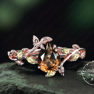 Art Deco Pear Smoky Quartz engagement ring Bridal Ring Rose Gold Unique Leaf Nature Inspired Brown Gemstone Promise Cluster ring jewelry