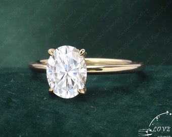 Oval Cut Moissanite Ring / 6*8mm 1.5ct Moissanite Hidden Halo Ring/ Solid 14k Gold Engagement Ring / Weeding Ring / Solitaire Ring Women