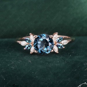 Vintage londonblue topaz engagement ring  rose Gold Unique Round Cut Cluster ring Art Deco Ring moonstone wedding ring Bridal anniversary