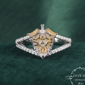 Legend of Zelda Master Sword Hylian Shield Custom Ring Game Cosplay Engagement Ring 14K  Gold  Geek Ring