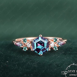 Vintage Alexandrite Engagement Ring  Promise Ring Hexagon Cut Rose Gold Art Deco Ring June Birthstone Cluster Ring  Women Anniversary Gifts