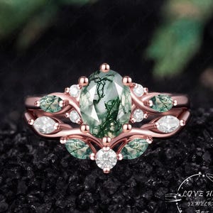 Vintage Oval Moss agate engagement ring set Bridal Sets women Rose Gold Unique Green Green Promise ring Cluster ring anniversary ring women