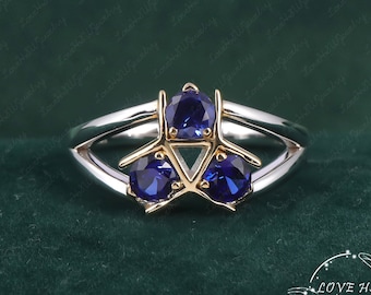 Zora's Natural Sapphire Spiritual Stone Ring  Solid 14K Two Tone Gold Legend of Zelda Triforce Inspired Design Video Game Engagement Ring