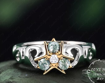 Zelda  Zora's Moss Agate Engagement ring Art Deco Ring 14K Two Tone Gold Promise ring  Legend of  Inspired Ring Video Game Wedding Ring