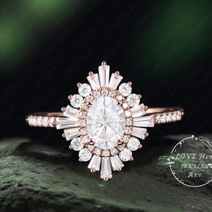 Vintage moissanite engagement ring 14k rose gold  Oval moissanite diamond rings Art deco ring wedding woman Unique Anniversary Promise ring
