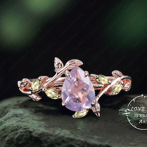 Art Deco Pear Lavender Amethyst engagement ring Bridal  Rose Gold Unique Leaf Nature Inspired  Gemstone Promise Cluster ring jewelry Gift